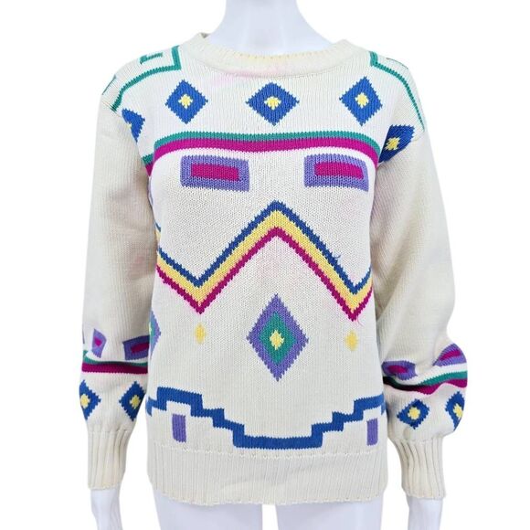 Vintage 80's Women's Crewneck Abstract Pullover Sweater S - Picture 1 of 8
